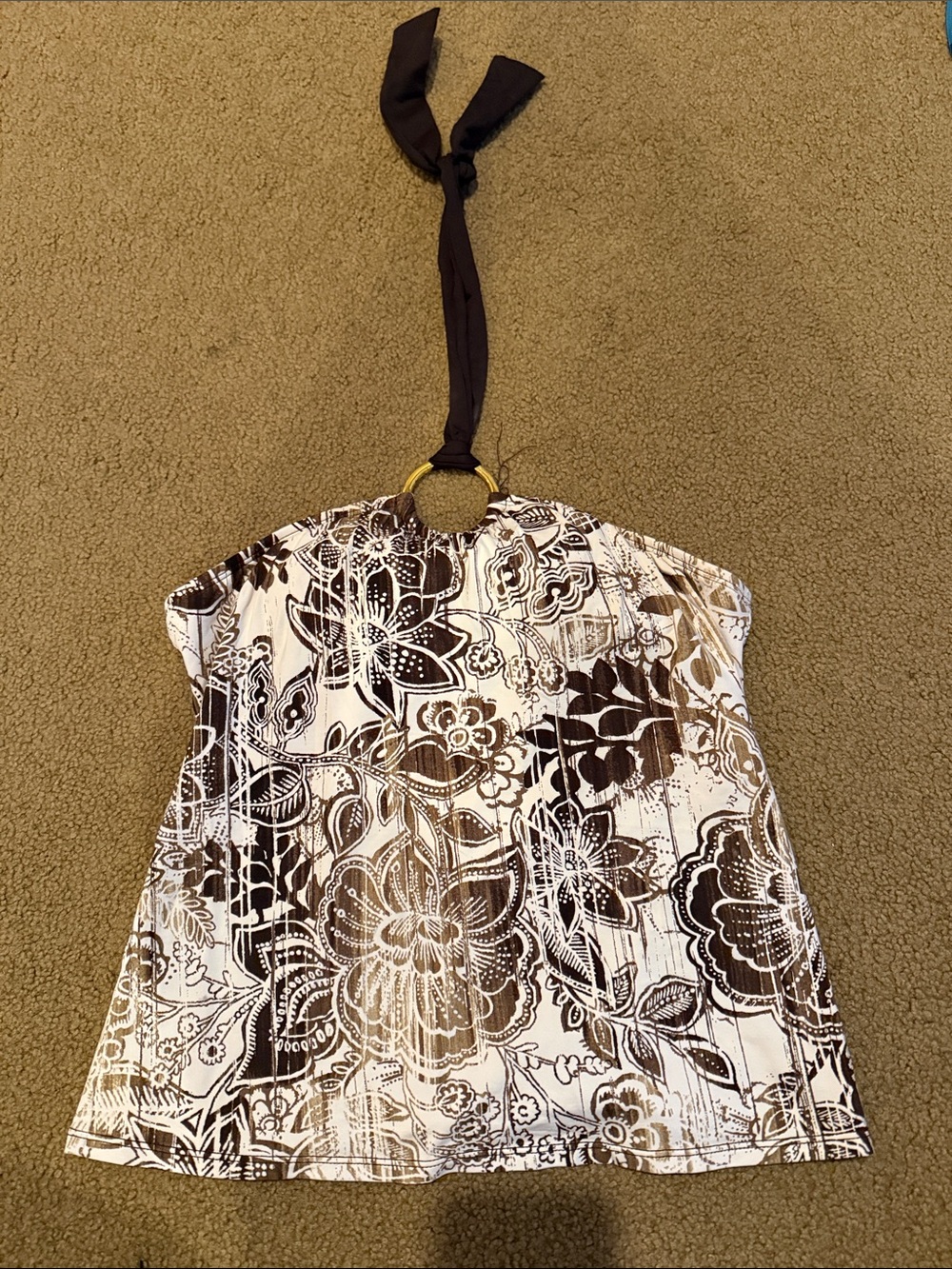 La Blanca Sz 12 Brown and White Floral Halter Tank with Gold Ring